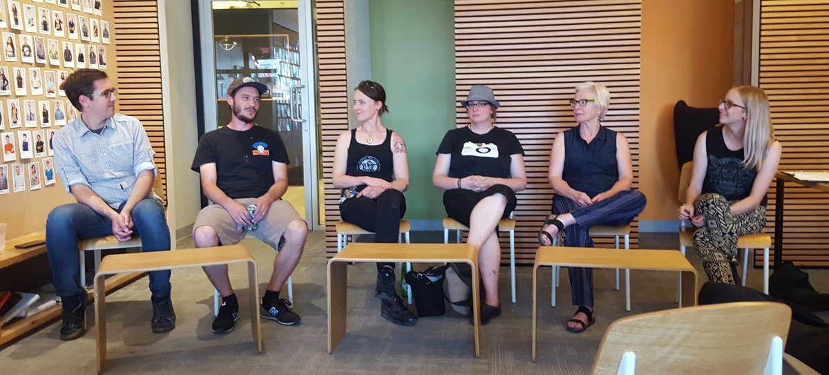 SaskStreetMeet's tweet photo. Our panel of artists with Festival Director Alana Moore #streetmeet2016 #yxepublicart #yxestreetart #urbanecologies https://t.co/O25BnFEwAa
