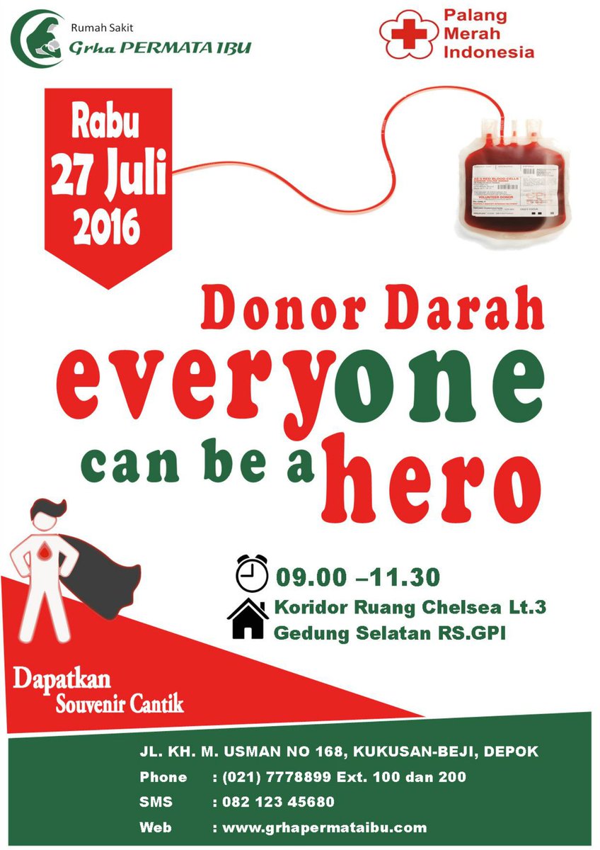 Join Us to Be Hero for Other
 Wednesday | July, 27th 2016
<a href="/RS_GPI/">RS.Grha Permata Ibu</a> | KH.M USman No.168
Cp: (021) 7778899 ext:100