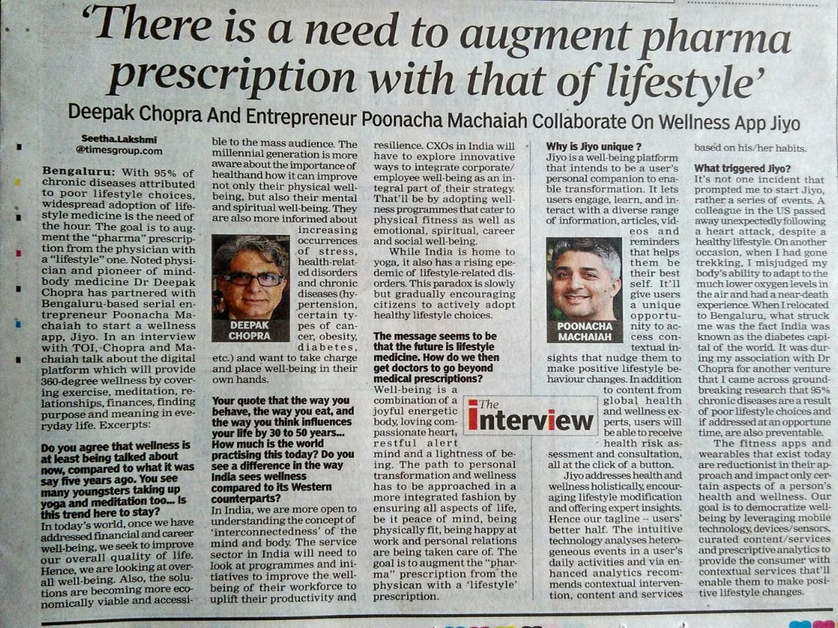 jiyo4life's tweet photo. 'There is a need to augment #pharma prescription with that of #lifestyle' @DeepakChopra @poonacha_bm @timesofindia https://t.co/Bvw6ARk9Aa