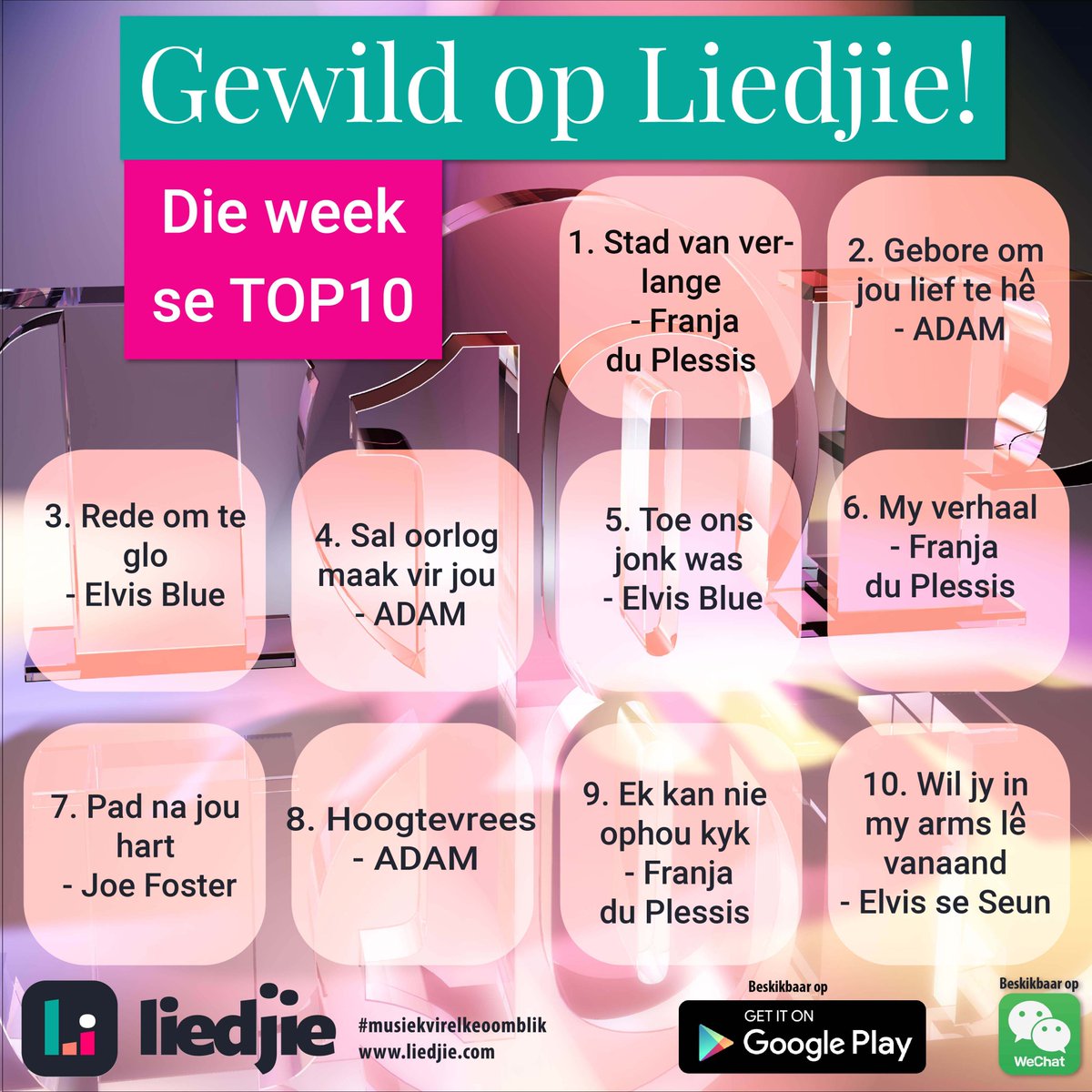 LiedjieMusiek's tweet photo. Hierdie week het ons 'n nuweling en splinternuwe nommer een posisie op die Liedjie TOP 10!
#MusiekVirElkeOomblik https://t.co/ZRowdHLq41
