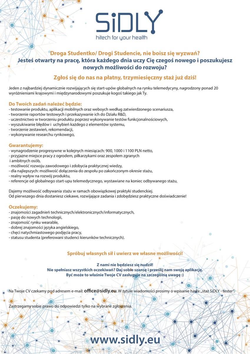 Płatne #Praktyki studenckie w #SiDLY Studencie zgłoś się już dziś! #tester #startup #job #internship #student