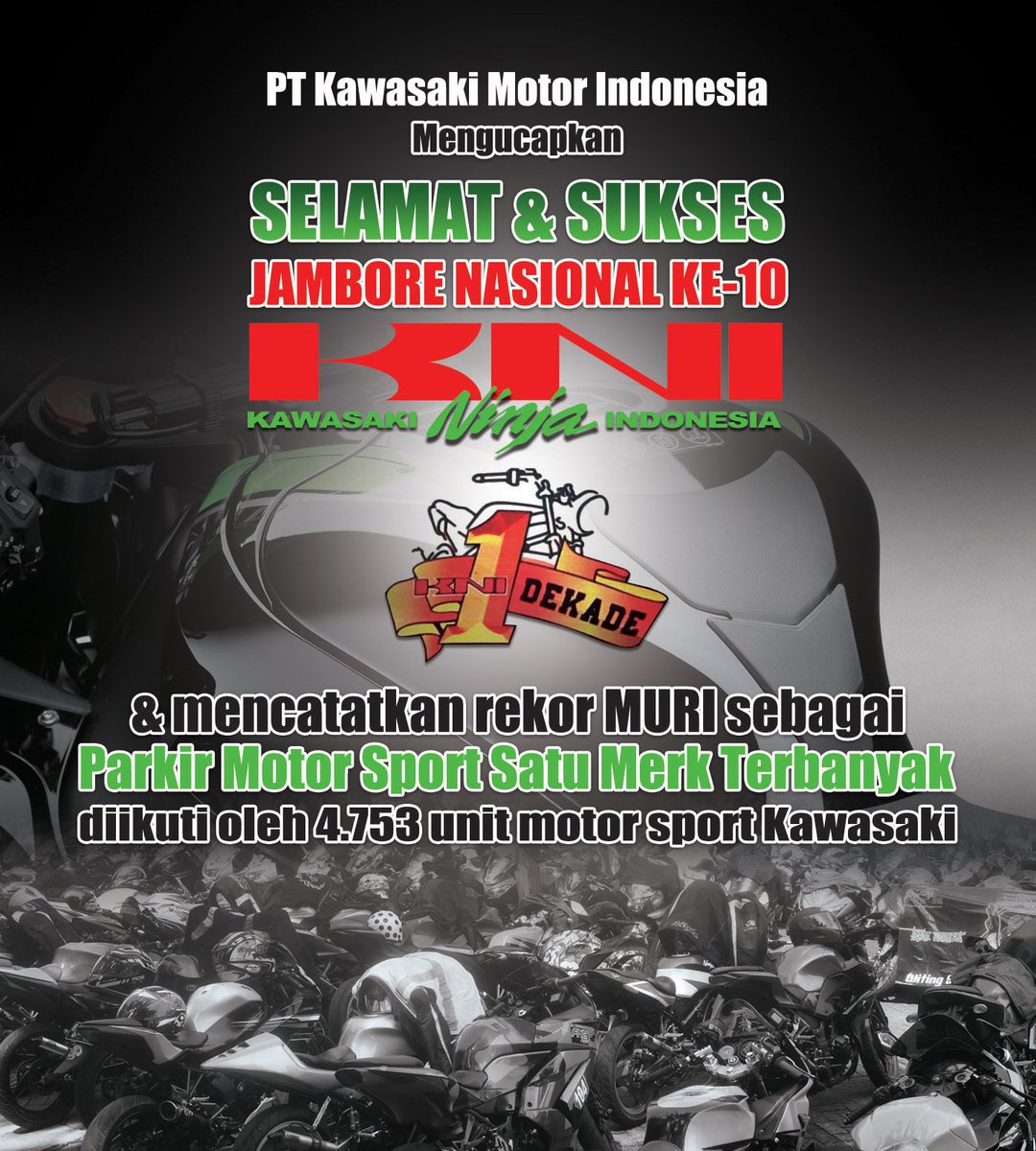 Selamat kepada KNI yang berhasil tercatat dalam MURI dengan rekor "Parkir Motor Sport Satu Merk Terbanyak".