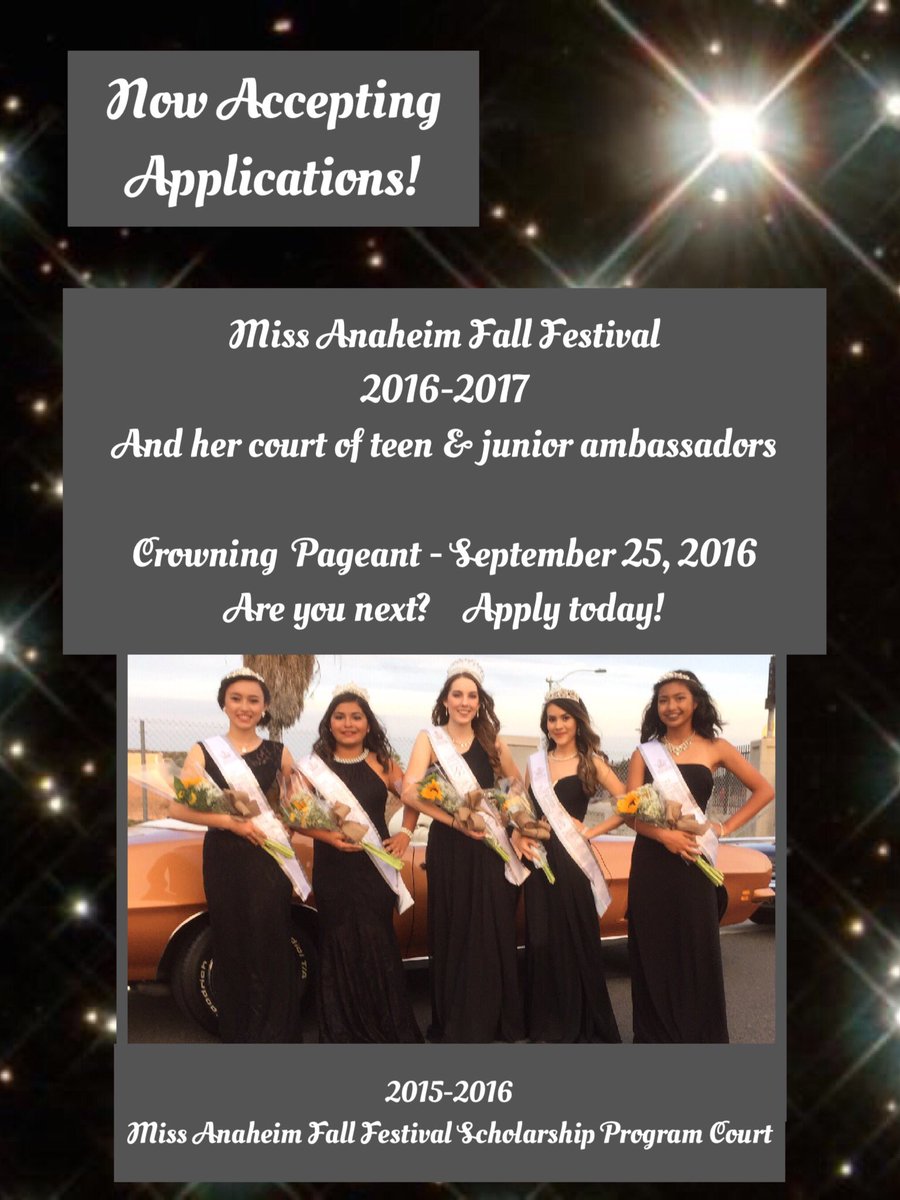 MissAnaheimBSP's tweet photo. .@MissAnaheimFab5 - Applications for 2016-17 Miss Anaheim Fall Festival Scholarship Pageant https://t.co/jGNAANkZnq https://t.co/Es53S4PaC7