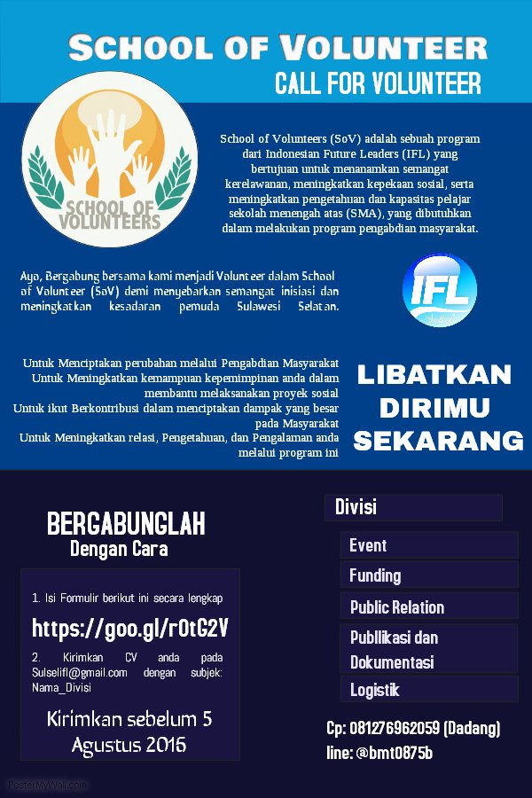 Tahun ini, kami mengajak  pemuda Sulsel untuk turut andil  menyukseskan #SchoolofVolunteer 2016. Berminat?