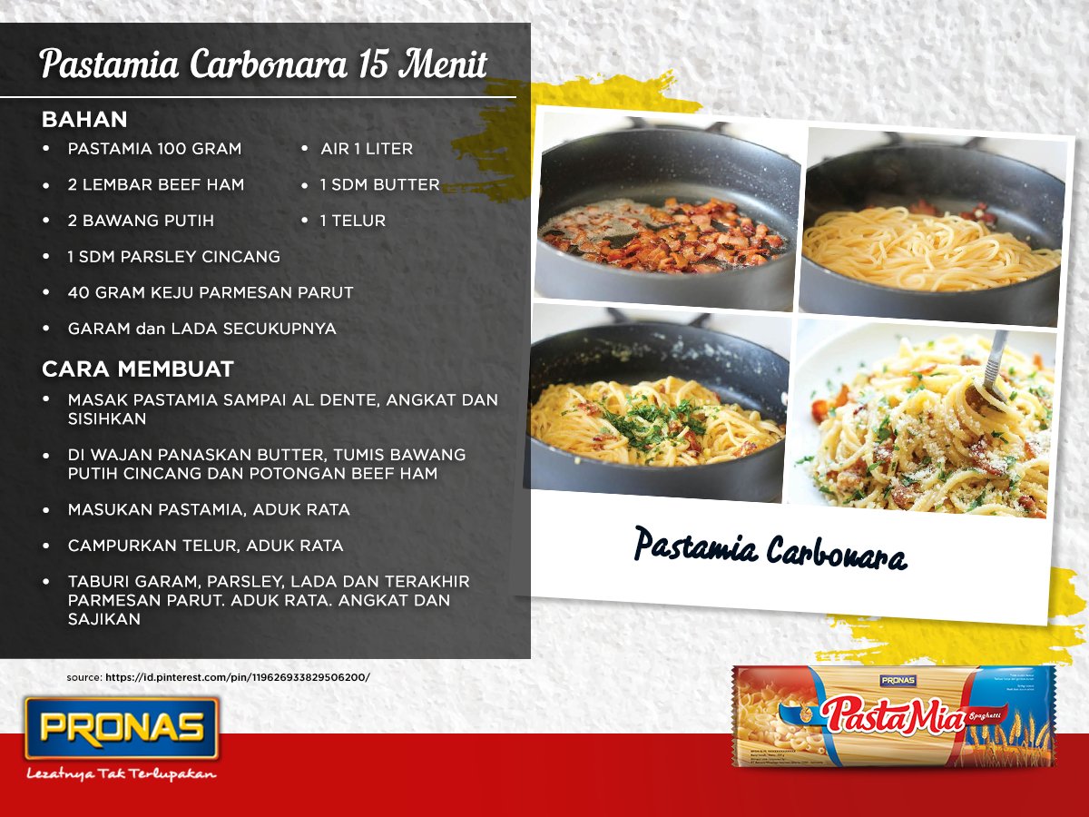 15 menit bisa jadi Pastamia Carbonara! Cek resepnya berikut. :) #ResepPronas