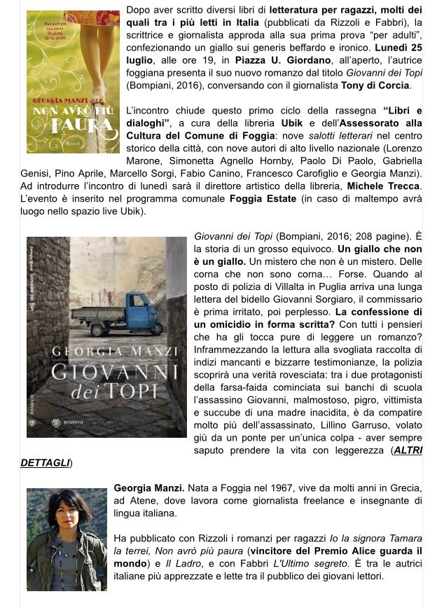 ubikfoggia's tweet photo. Oggi con @GeorgiaManzi #Libri&amp;Dialoghi #FestivalDilazionato #piazzaGiordano #SalottoLetterario https://t.co/dT8moqJm2l