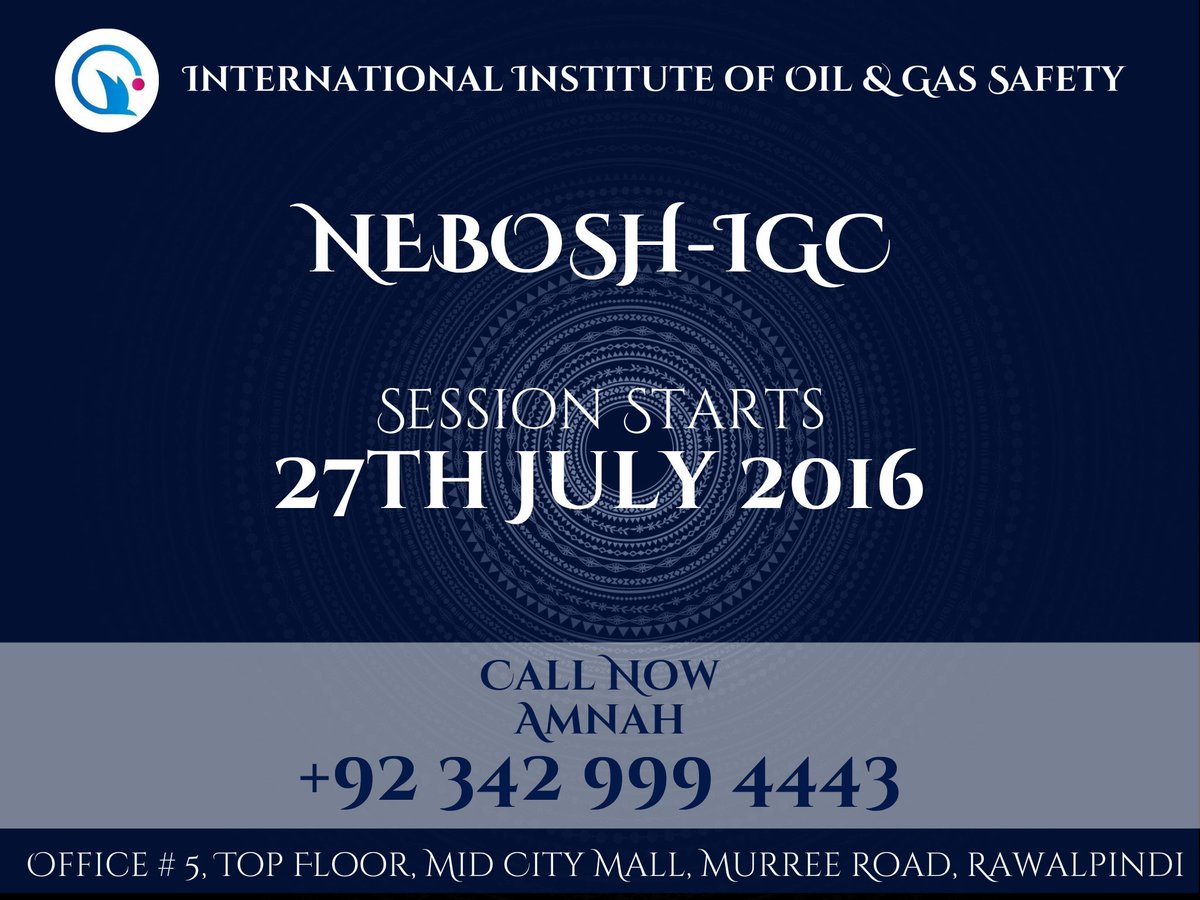 Amnah_iiogs's tweet photo. #IIOGS Next upcoming session for #NEBOSH -#IGC on 27th July 2016
 Call Now to Register
 Amnah @ +92 342 999 4443 https://t.co/AeI5jAiWQ6