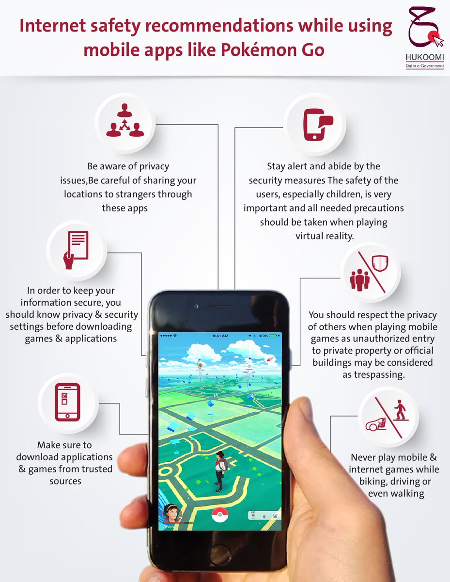 HukoomiQatar's tweet image. Internet safety recommendations while using mobile apps like Pokemon go #Hukoomi #Qatar