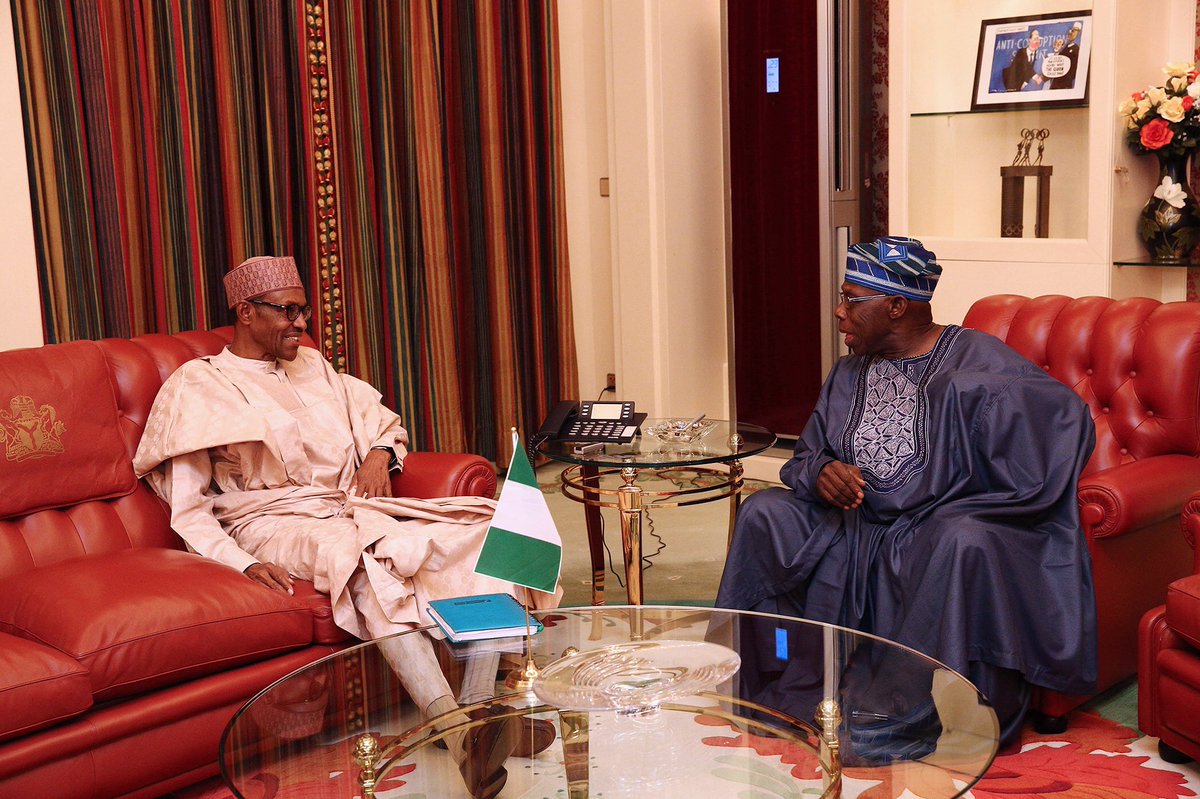 PHOTOS: Former President Olusegun Obasanjo after a close door meeting with Buhari