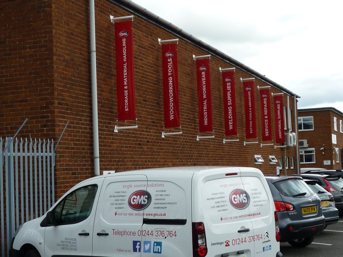 gmschester's tweet photo. We're loving the new vertical banners on the side of the building !! Cheers @elygramarketing !! #gms40 #gmschester https://t.co/nUFvZFeO5B