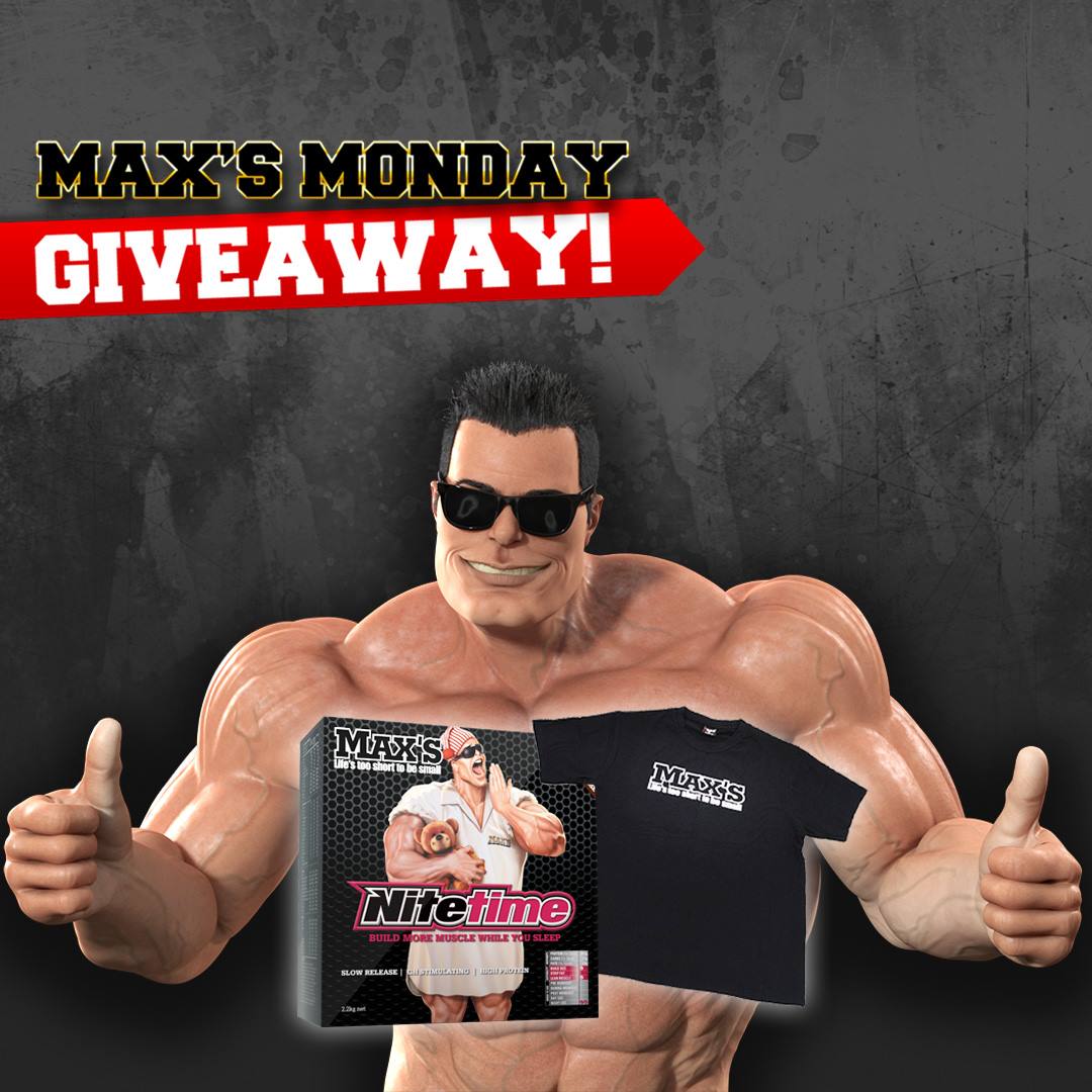 maxsprotein's tweet photo. MAXS MONDAY GIVEAWAY! MAX'S NiteTime 1KG - MAX'S T-Shirt - Follow MAX'S and retweet to win - Winner announced Wed https://t.co/OTE2WnfokI