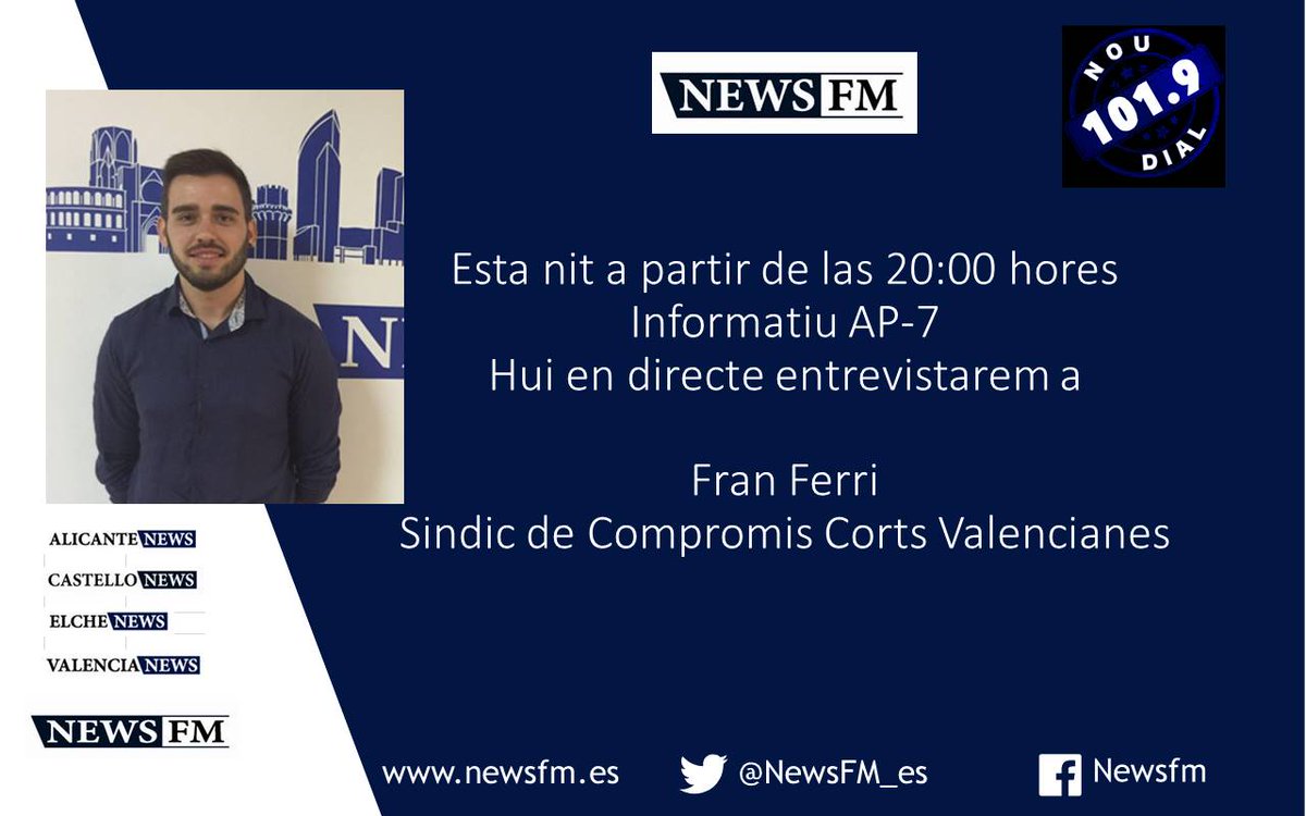 NewsFM_es's tweet photo. A les 20h entrevistem a @franferri_, Síndic de @compromis (@CompromisCorts):
(101.9FM i en newsfm.es) https://t.co/aEzXpxdzaw