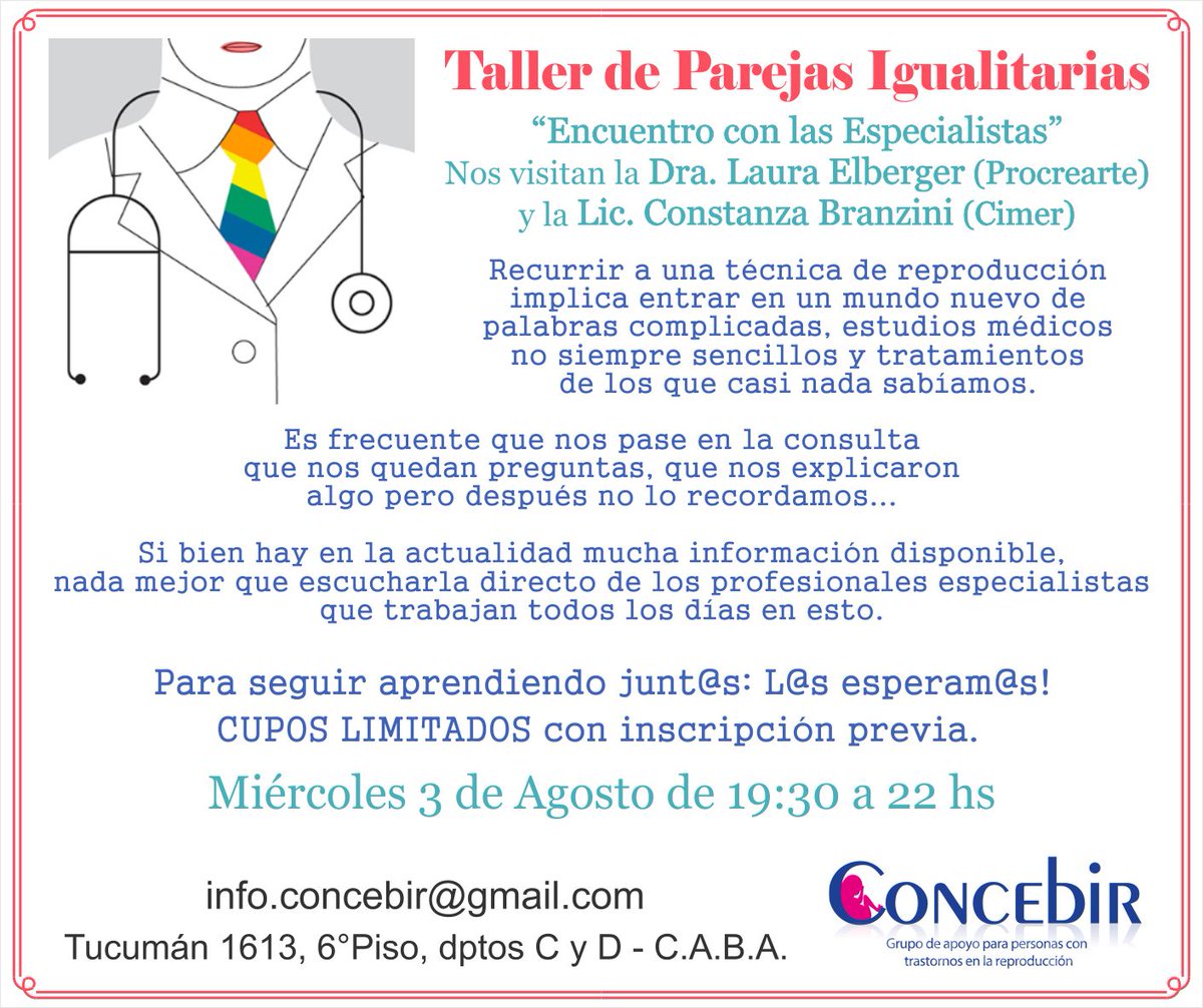Concebir's tweet photo. 03 de Agosto Próximo Taller de Parejas Igualitarias #concebir Encuentro con especialistas #talleresconcebir2016 https://t.co/u79o3hgGT3