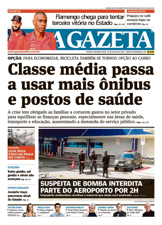 AGazetaES's tweet photo. #CapaDoDia - Confira os destaques do @JornalAGazeta nesta segunda-feira (25) https://t.co/u4aokr3pTE