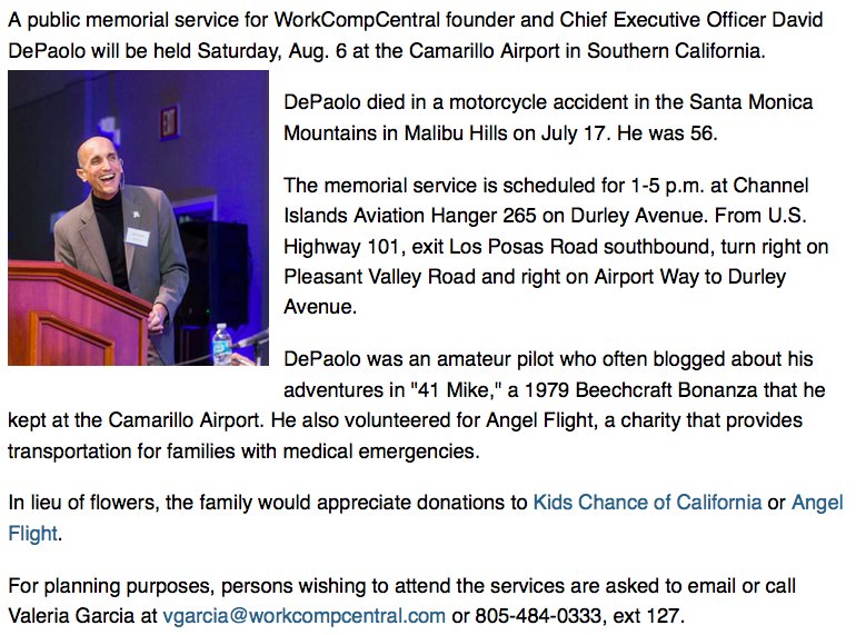 WorkCompCentral's tweet photo. Memorial Service for DePaolo Scheduled for Aug. 6 in Camarillo, CA.  https://t.co/geKbDJu05j https://t.co/ipJ58VctkJ