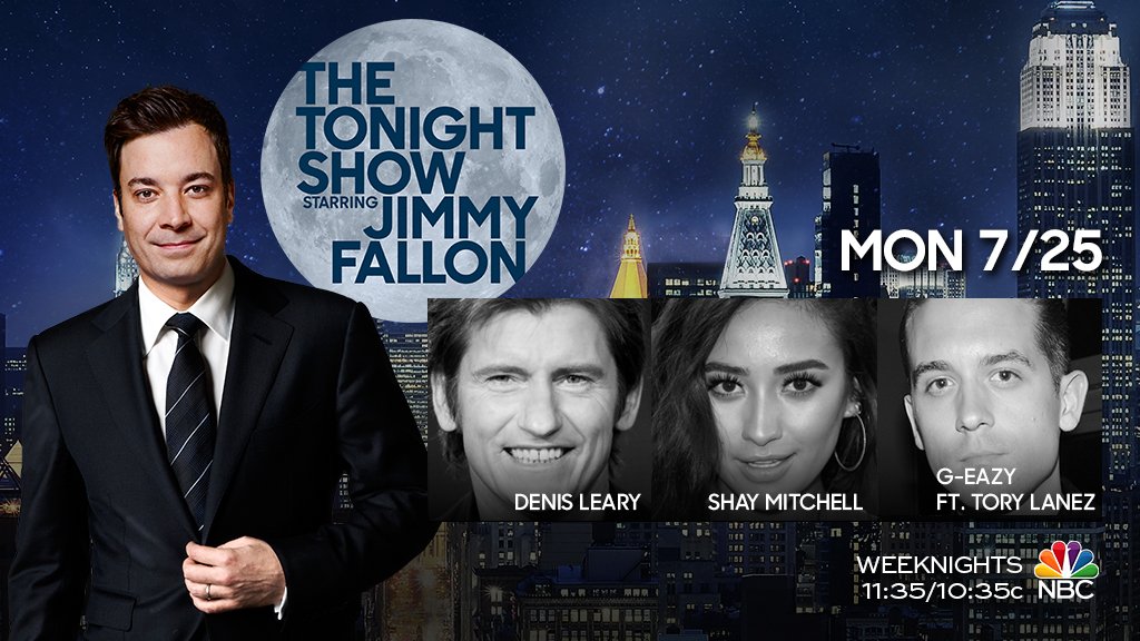 FallonTonight's tweet photo. Tonight we have @denisleary, @shaymitch &amp; music from @G_Eazy ft. @torylanez! #FallonTonight #ShayOnFallon https://t.co/8eaQhs2kfz