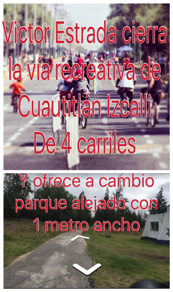 El alcalde <a href="/Victor_EstradaG/">Víctor Estrada G.</a>, reduce de 4 carriles, a 1m, la #CiclovíaRecreativa de Cuautitlán #Izcalli.