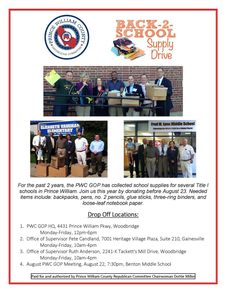 PWCGOP's tweet photo. School is right around the corner! We'll help families in need w/our #backtoschool service project. #PWCGOPService https://t.co/MUG7fiTyOL