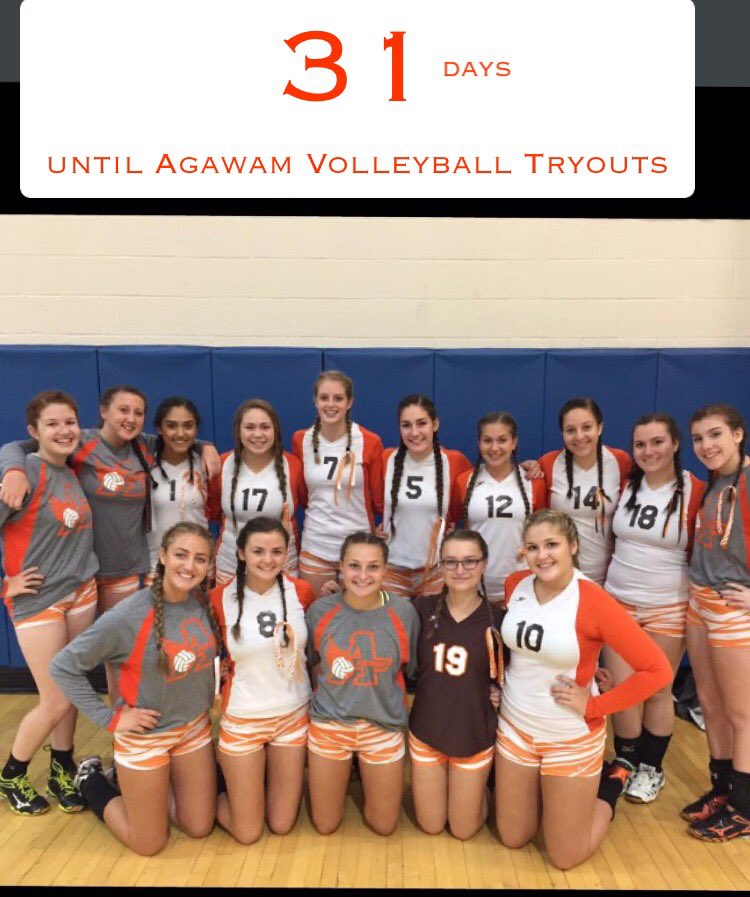 <a href="/AgawamVB/">Agawam Volleyball</a> Tryouts in 1month! 
Aug 25! @caroline0738 <a href="/gab_harrison/">Gabriel Harrison</a> <a href="/abbeyvienss/">Abbey Viens</a> @Liz_10218 @BiancaCulhane <a href="/paige5407/">P Hardy</a>