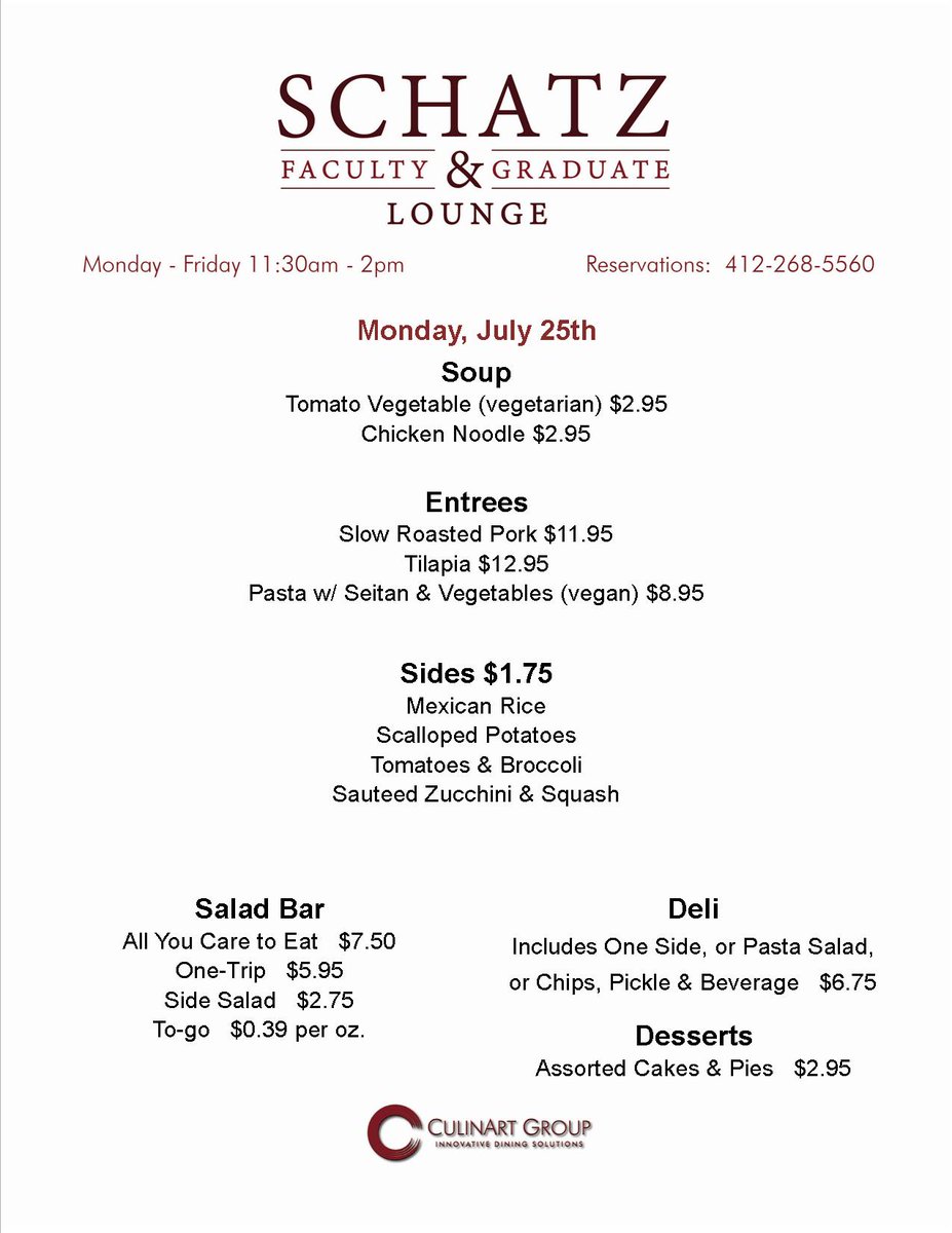 Chartwells At Cmu On Twitter Today S Lunch Menu At Schatz