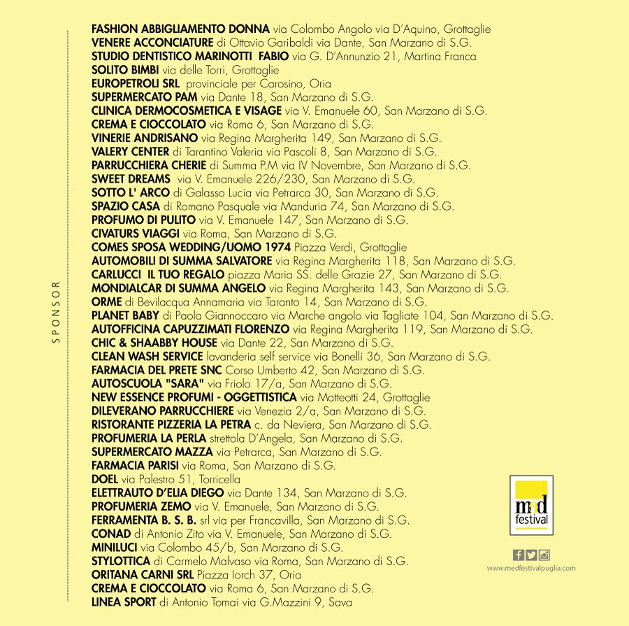 MedFestivalSM's tweet image. Ecco partner ufficiali e sponsor del #medfestival2016!
medfestivalpuglia.com #fatevitrovare #weareinpuglia