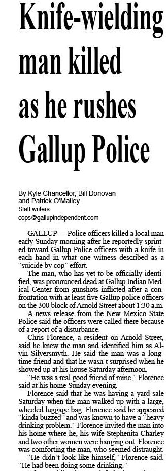 Knife-wielding man shot and killed by #GPD after rushing officers early Sunday. Gallupindependent.com  #gallup