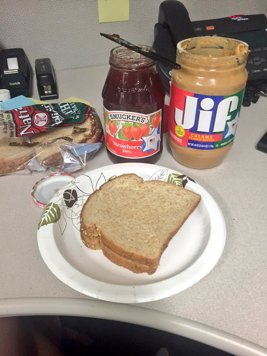 RyannHartley's tweet photo. When you're too lazy to pack your lunch so u just bring the jars of peanut butter &amp; jelly and loaf of bread to work https://t.co/RTBfKXQLSU