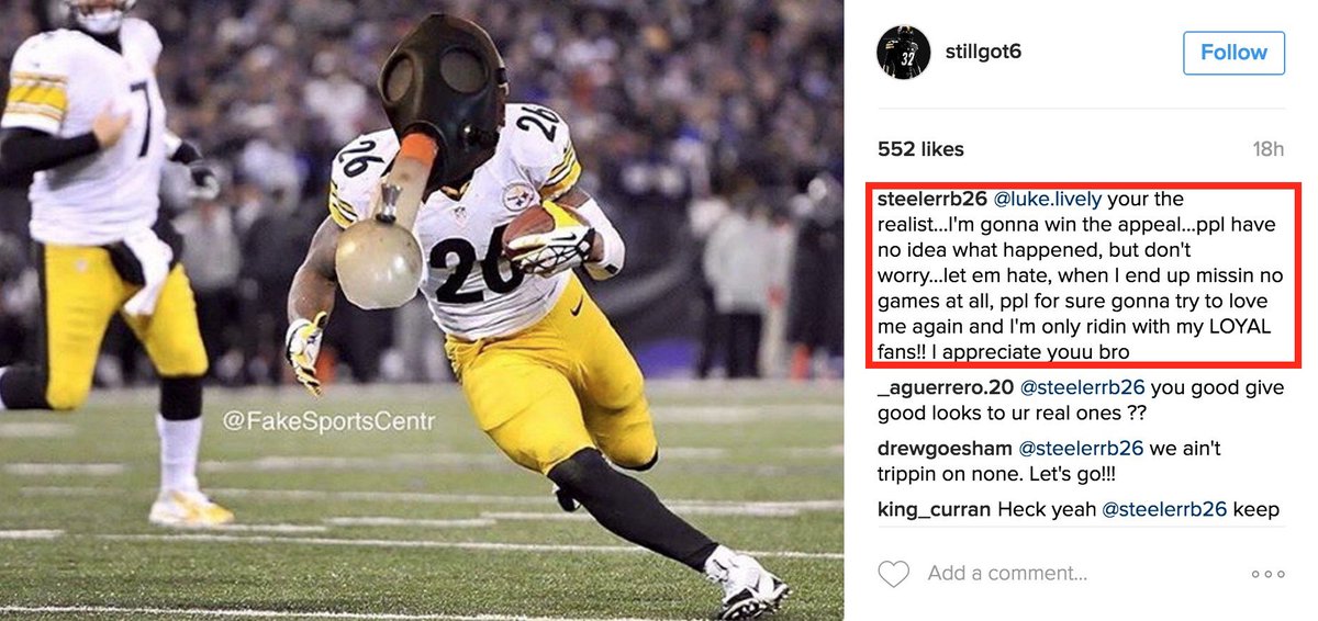BleacherReport's tweet photo. Le’Veon Bell speaks out on reported suspension: “I’m gonna win the appeal" https://t.co/tmfkz2ay25 https://t.co/CPMucu7Bz2