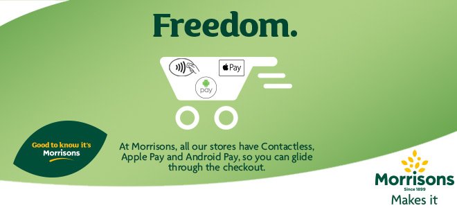Morrisons's tweet photo. All our stores have contactless, Apple Pay &amp; Android Pay making your checkout time  quick &amp; easy. #ThatsGoodToKnow https://t.co/q7xAIwUiYk