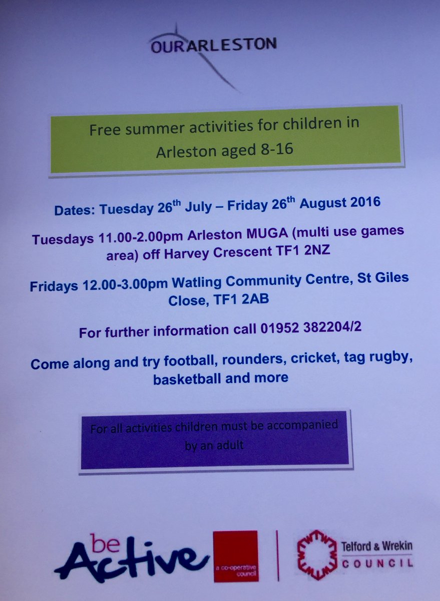 Summer activities in #Arleston starting tomorrow for children aged 8-16 #football #rounders #tag #basketball #rugby