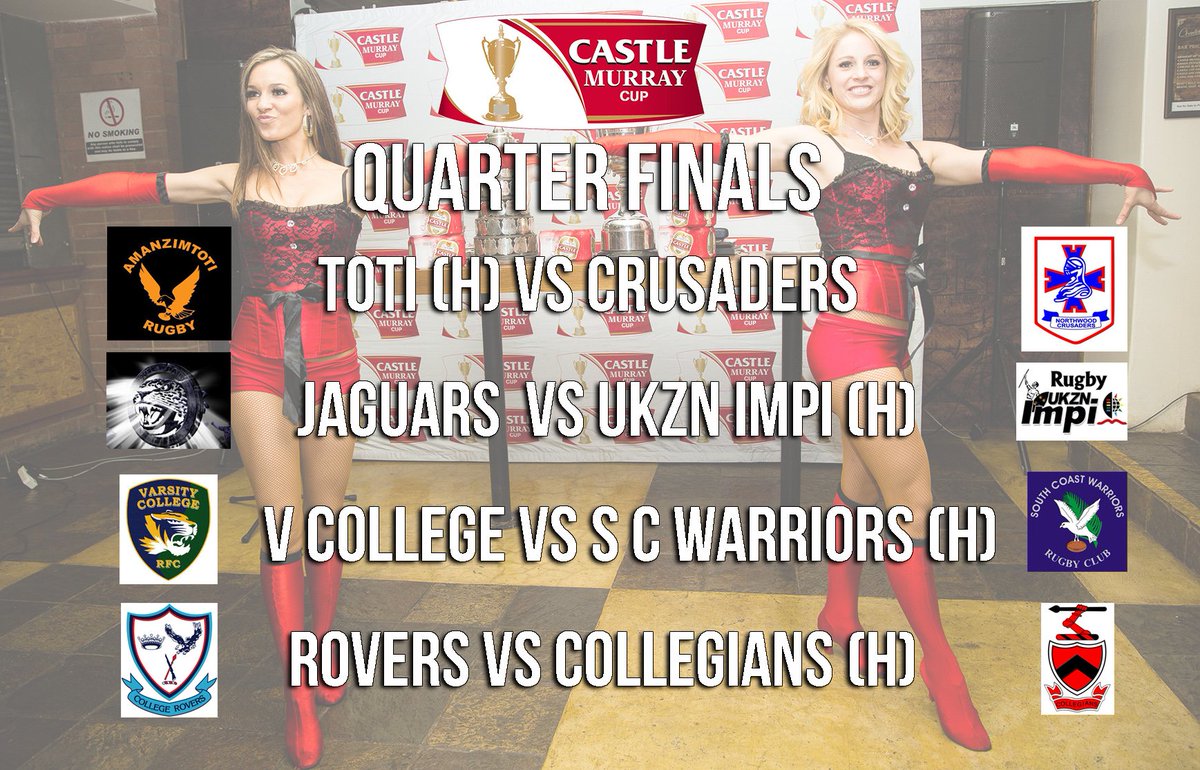 Quater finals draw for this Saturday's round of #CMC2016 games <a href="/DbnSadersRugby/">Northwood Crusaders</a> <a href="/CollegiansDBN/">Collegians</a> <a href="/JaguarsRFC/">Jaguars RFC</a> <a href="/vcrugger/">Varsity College RFC</a>