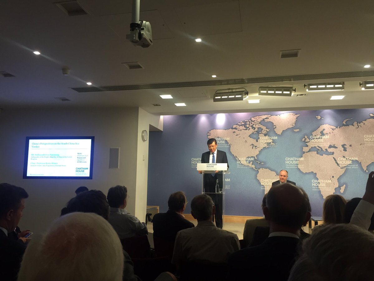 mj_davy's tweet photo. Strong words on unclos #scsea ruling by prc ambassador at #chevents @ChathamHouse https://t.co/tEzcBpnGIV