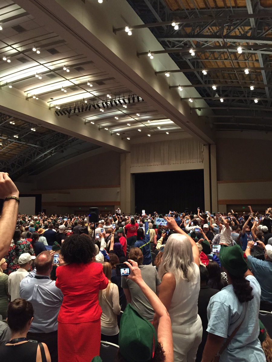 McCarterForRep's tweet image. Bernie calls for transformation of American society amid cheers of his delegates at speech at Convention Center.