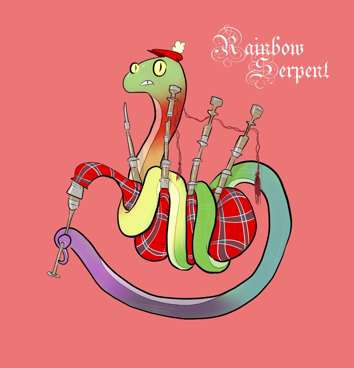 A #rainbowSerpent on the #bagpipe for #AnimalAlphabets. @AnimalAlphabets #MythicalCreatures #rainbow #illustration