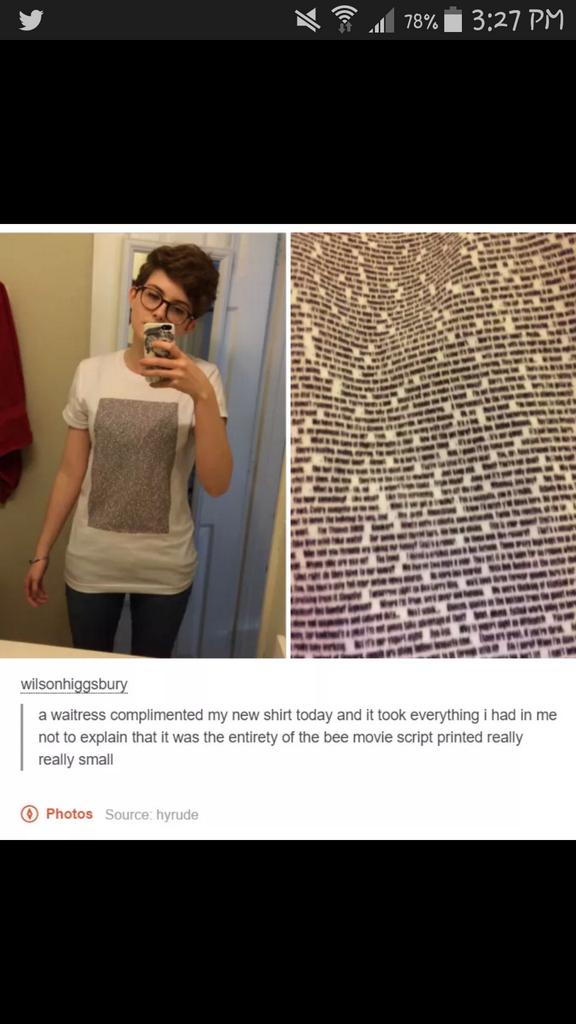 groppegirl2012's tweet photo. Omg I want this shirt #bee #movie #script #beemoviescript #shirt https://t.co/LzZldq6zFx