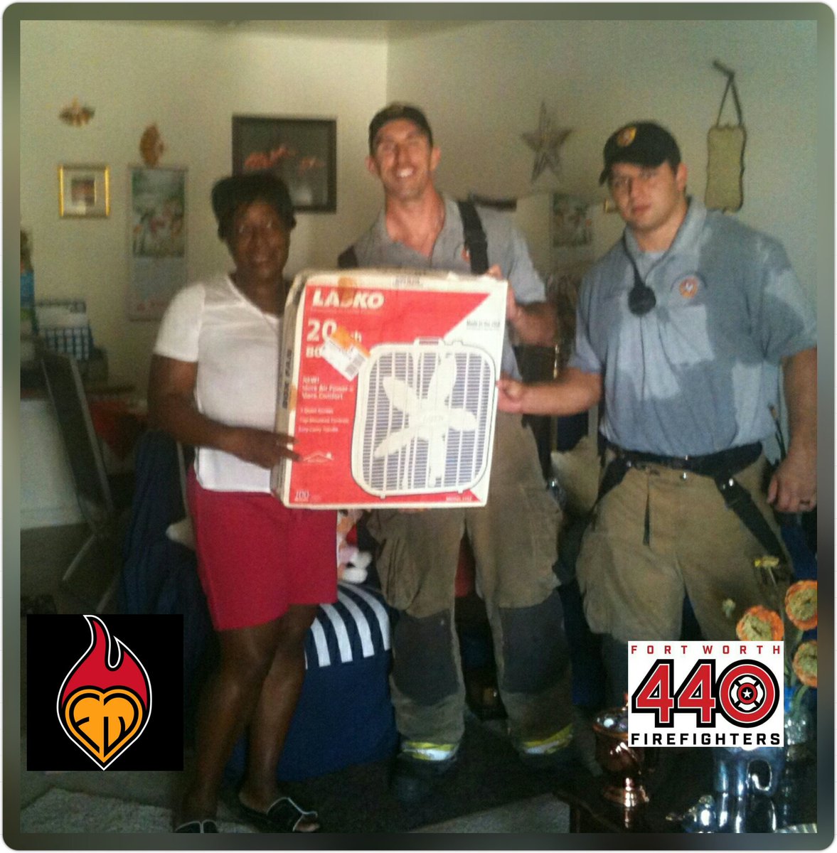 FWFFcharities's tweet photo. Another hot day in FW. The crew from @FortWorthFire St23 and @FWFFcharities giving a fan to a family without AC https://t.co/qHqNXxs1g4