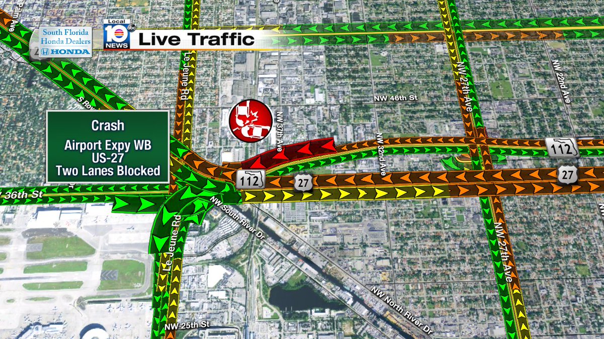CRASH: Airport Expy WB & US-27. Two lanes are blocked, expect delays. #TRAFFIC #MIAMI https://t.co/B4iTycnp6B