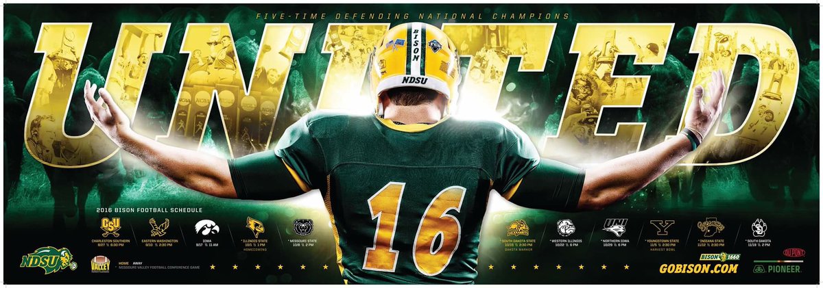 NDSUathletics's tweet photo. Here you go, Bison Nation! 

The 2016 NDSU FB schedule poster.

Great work by @DustBowlArt! 
#NDSUnited
.@PosterSwag https://t.co/wjQz3uGeQc