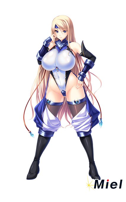 立ち絵②が載せられてませんでした。すみません!こちらが戦闘服となります。エロ改造前でコレです。 #miel 