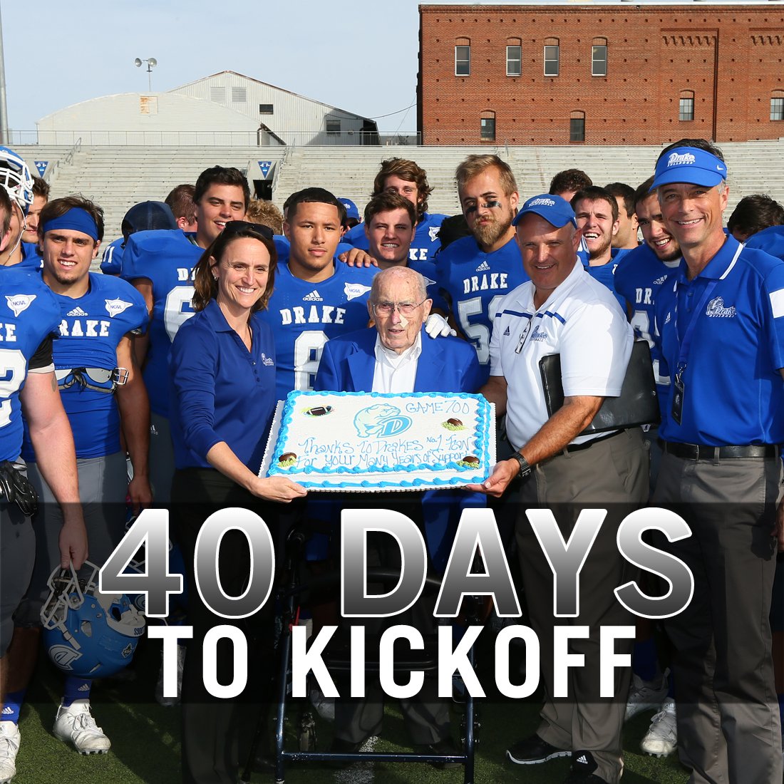 DrakeBulldogsFB's tweet photo. Happy 99th Birthday to #MrDrake Paul F. Morrison as we are 40 days away! #DURiseUp https://t.co/6SLTtY1BRf
