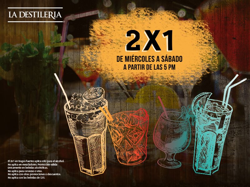 En La Destilería la diversión es al doble. Disfruta de nuestra promoción 2x1 a partir del miércoles.
