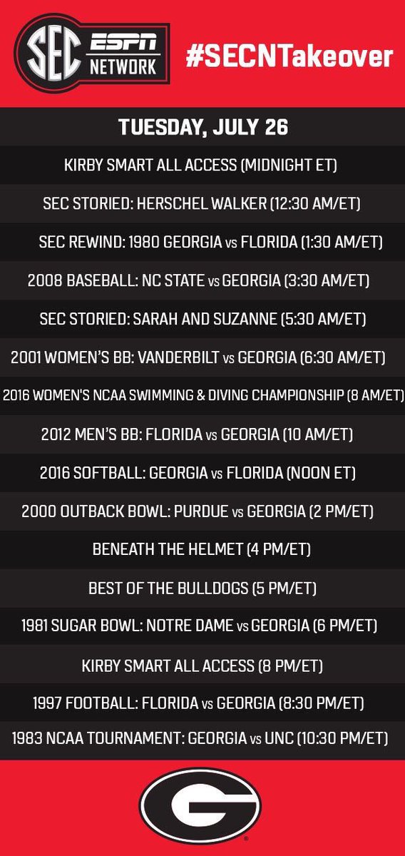 Support_UGA's tweet image. UGA Takeover has officially started on the SECNetwork! Get your recordings set #DawgNation! #GoDawgs #SECTakeOver