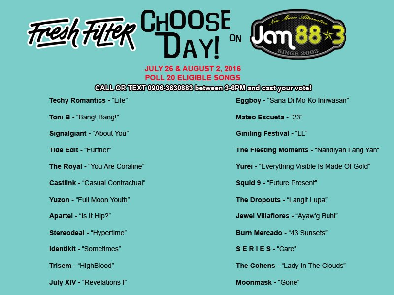 Jam883's tweet photo. It's the start of a new #FreshFilter #ChooseDay poll today! Check out the updated list and VOTE between 3-6PM! https://t.co/KxLwoGbyYc