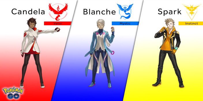 EPokemonGoNews's tweet photo. #PokemonGO Team Leaders revealed! Team Valor: Candela. Team Mystic: Blanche. Team Instinct: Spark. https://t.co/r5BLRIsaGY
