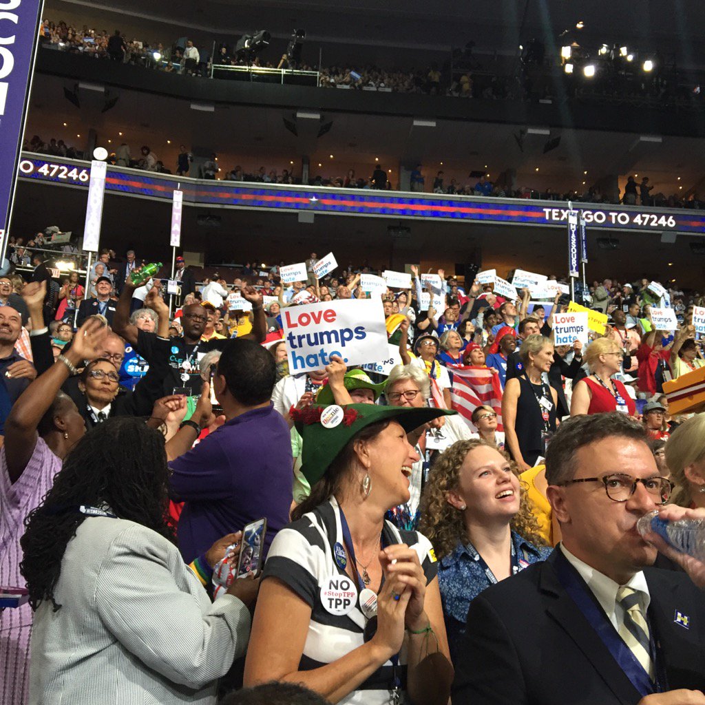 WisDems's tweet photo. We're fired up to elect @HillaryClinton and @timkaine to keep moving our country forward! #DemsInPhilly #VoteBlueWI https://t.co/ZNuqcxw2xI