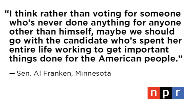 NPR's tweet photo. Sen. Franken says he's proud to call Hillary Clinton his friend and is ready to call her president. https://t.co/wtRR1Fc6Nk