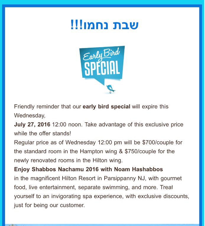 NoamHashabbos1's tweet photo. Nothing more to say- 🐦 early bird discount is expiring this Wednesday! Call now to secure your room! 718-438-1374 https://t.co/YpK9UudmPn