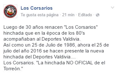 LosxCorsarios's tweet photo. "EL RENACIMIENTO DE "LOS CORSARIOS"
La hinchada NO OFICIAL del Deportes Valdivia y el fútbol joven. #valdiviaCL !! https://t.co/5sTmD8dzWq
