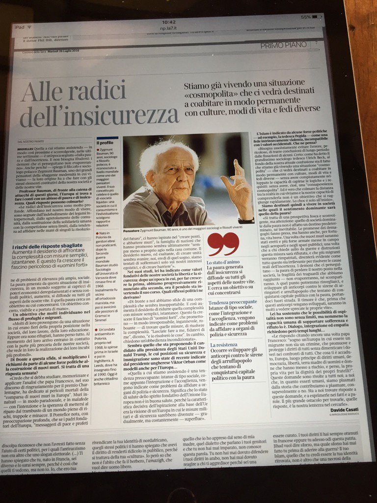 corradoformigli's tweet photo. Viviamo già una realtà cosmopolita senza ancora avere una consapevolezza cosmopolita. Immenso Bauman sul @Corriere https://t.co/PEiqDg89Dk