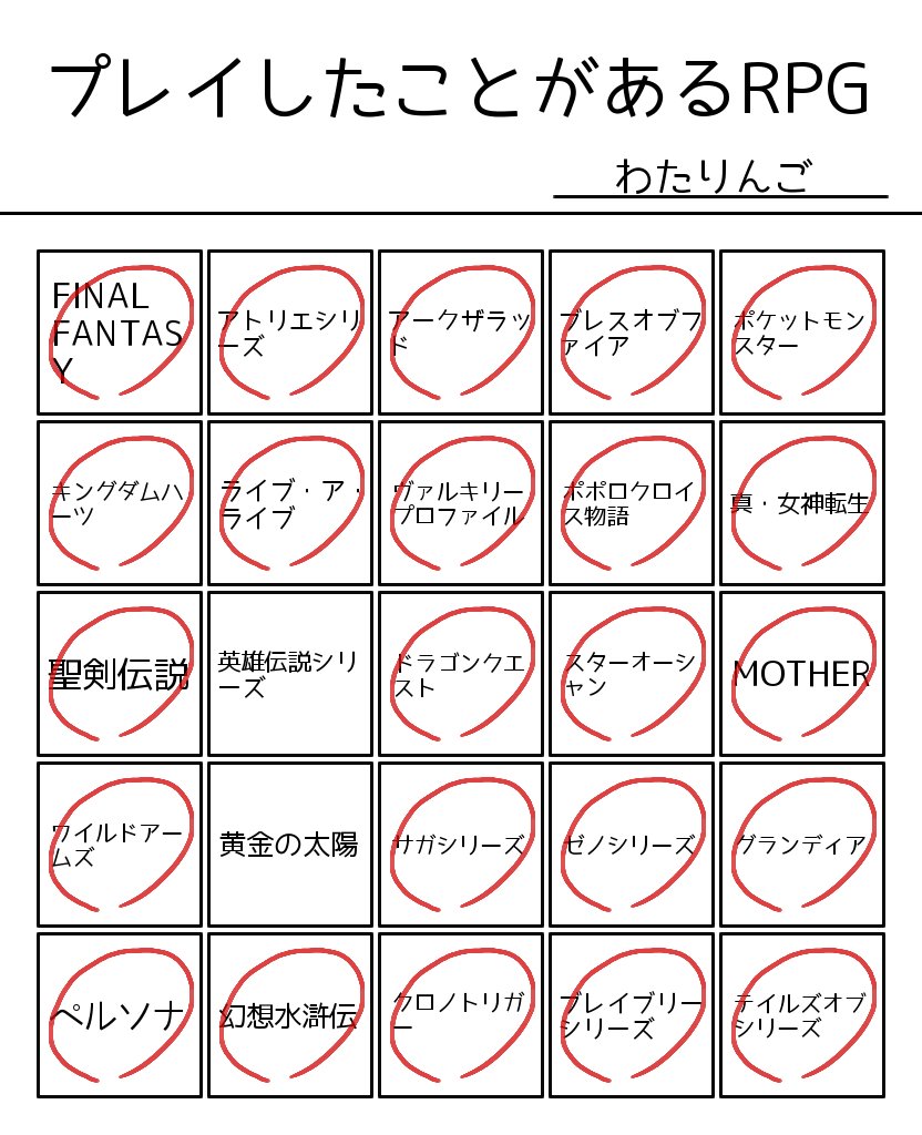 【プレイしたことがあるRPG】 #ゲーム #RPG  #めけぽんビンゴ https://t.co/8gqB22fQLh 